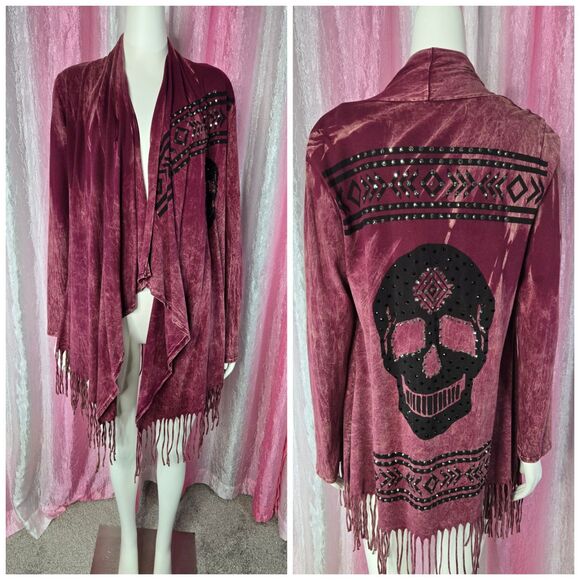 Vocal Skull Crystal Burgundy Aztec Fringe Cotton Cardigan Jacket Size Medium - Picture 1 of 16